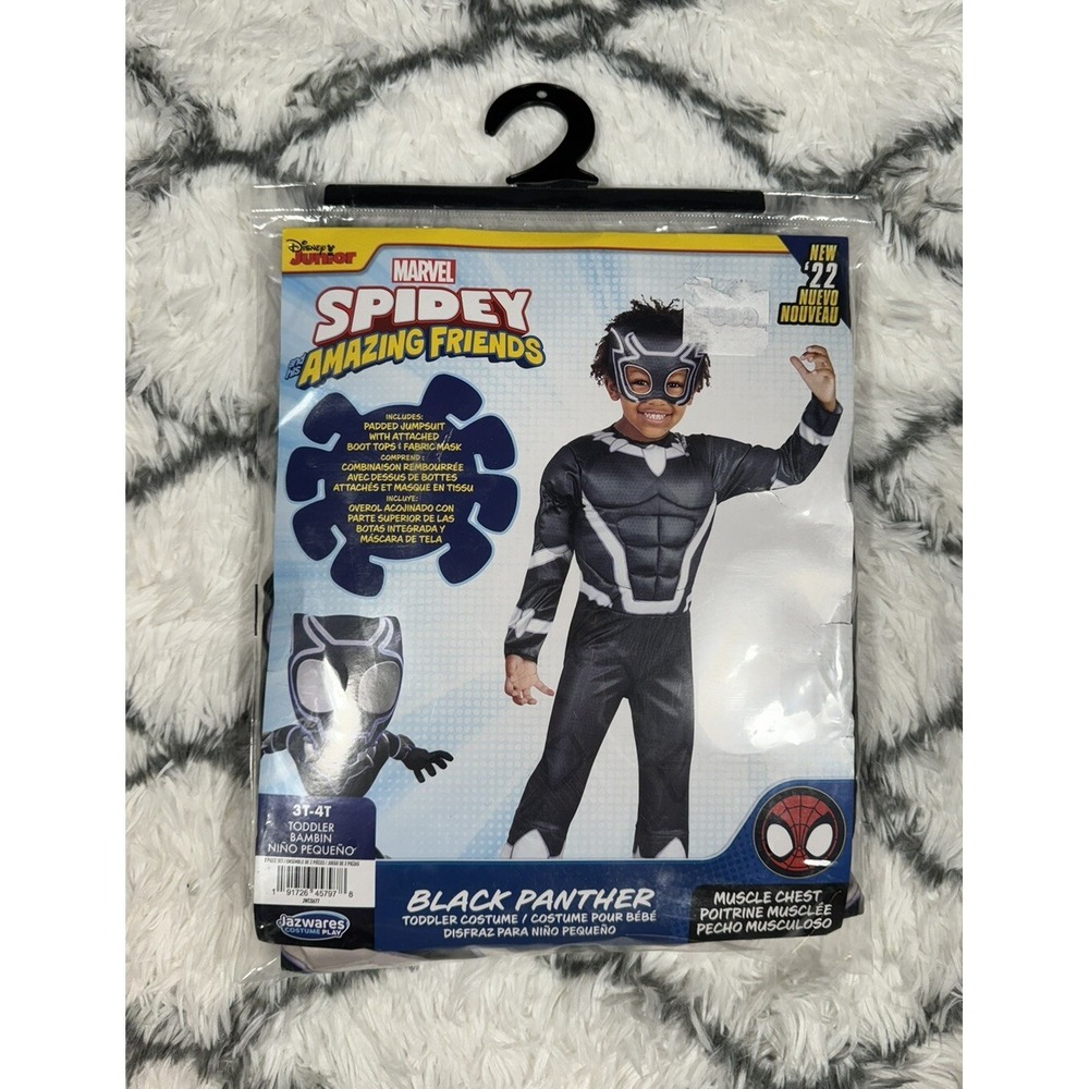DISNEY JR Black Panther Marvel Padded Jumpsuit Mask Costume Toddler 3T-4T NEW